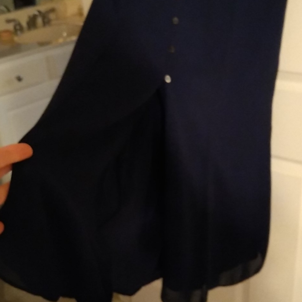 Chaus Navy button-down dress Short Sleeve tie in back Ruffle Summer Lightweight - Picture 6 of 16